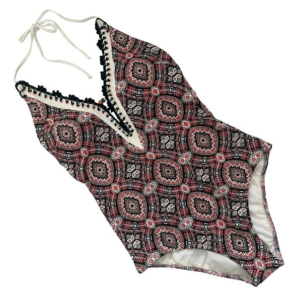 Seki One Piece Swimsuit plunging beaded neckline abstract print beach summer M - Picture 1 of 8